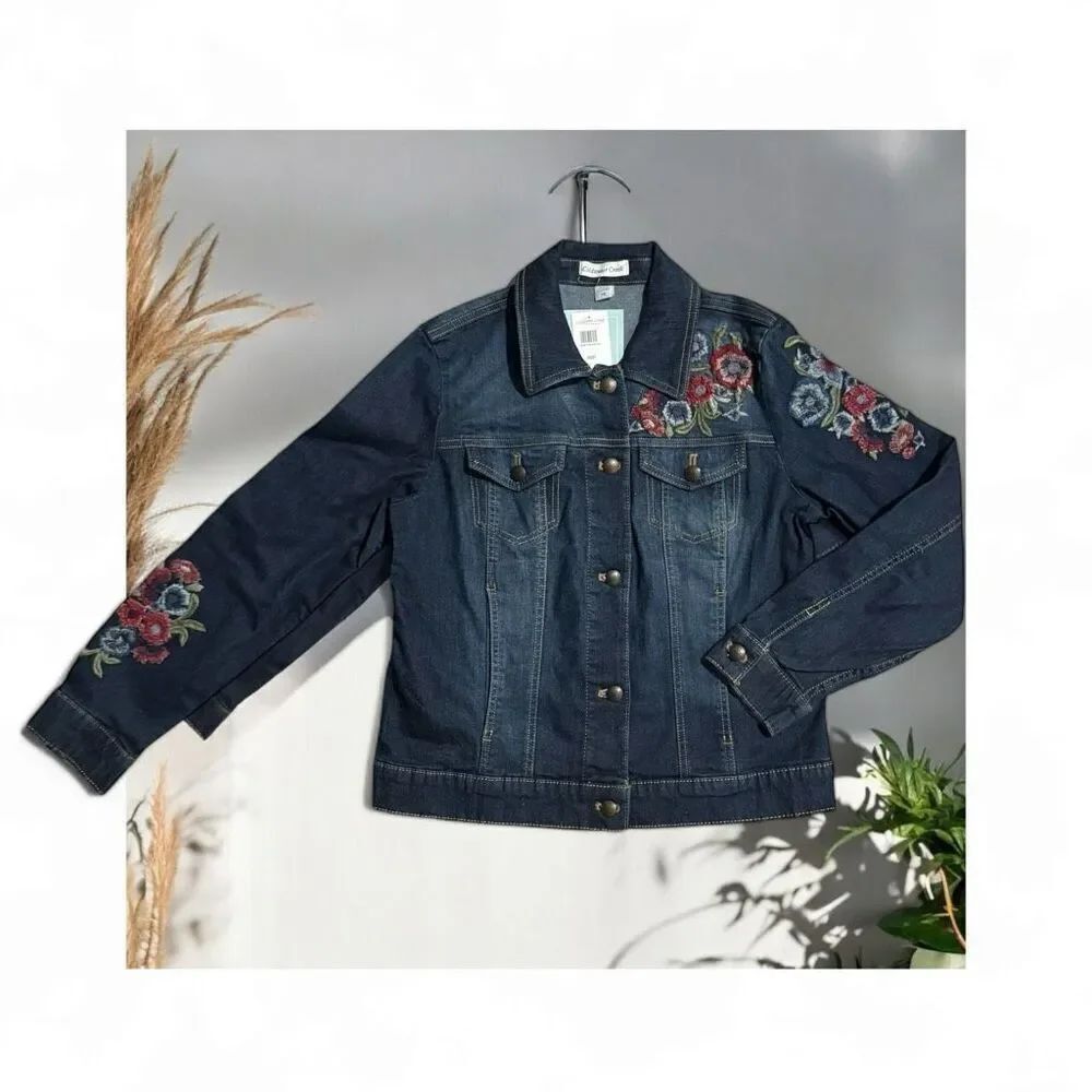 Coldwater Creek Dark Wash Denim Floral Jacket Women’s Jacket Small Petite